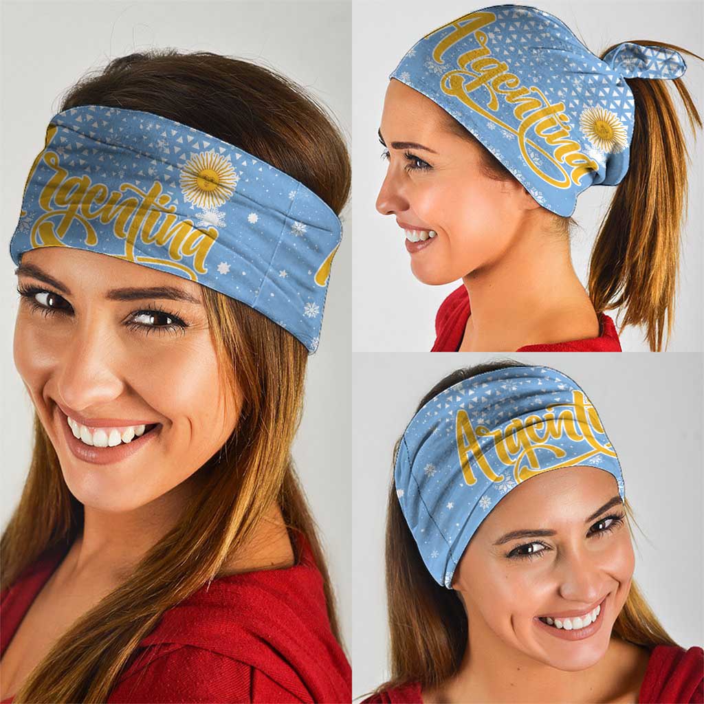 Argentina Christmas Neck Gaiter with Blue-White Snowflake Pattern, Sun Emblem, and Gaucho Santa Riding Horse Motif - Wonder Print Shop
