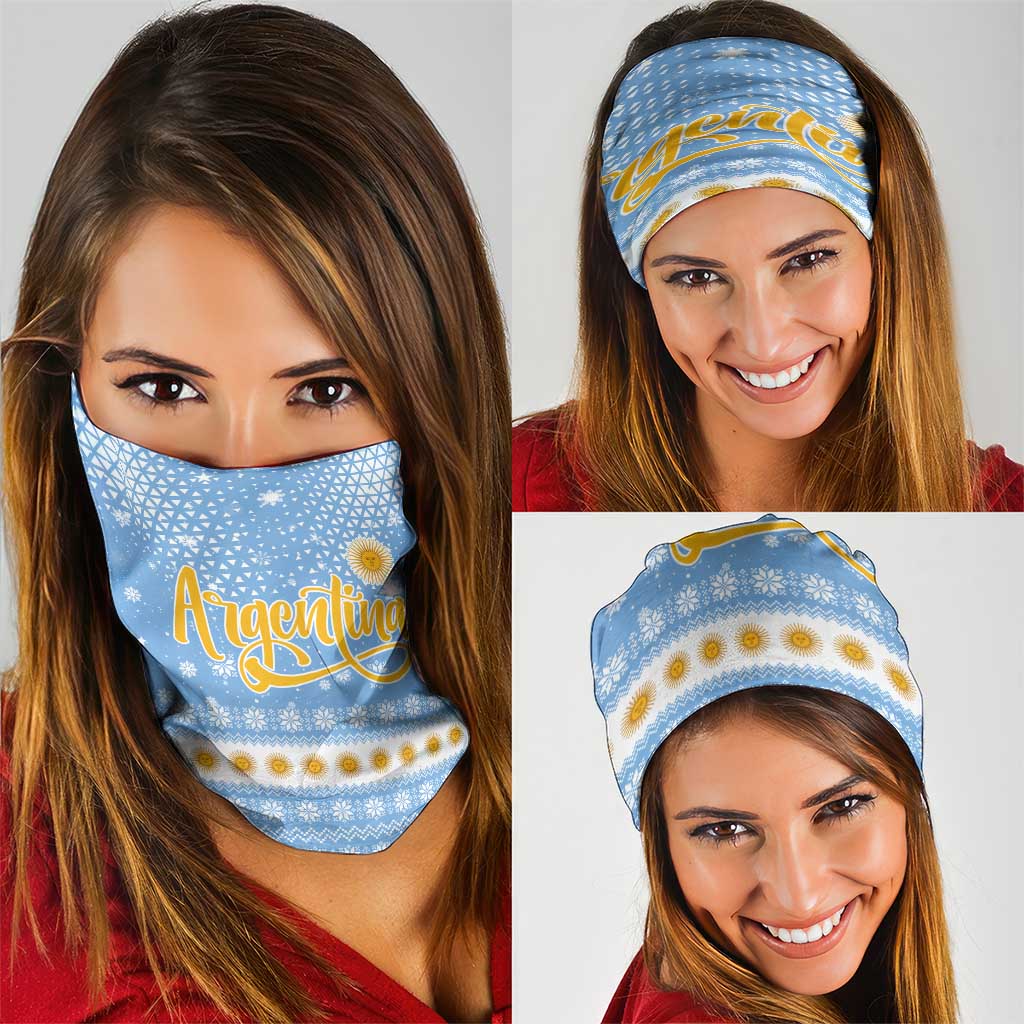 Argentina Christmas Neck Gaiter with Blue-White Snowflake Pattern, Sun Emblem, and Gaucho Santa Riding Horse Motif - Wonder Print Shop