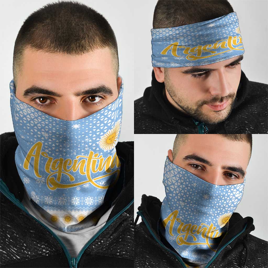 Argentina Christmas Neck Gaiter with Blue-White Snowflake Pattern, Sun Emblem, and Gaucho Santa Riding Horse Motif - Wonder Print Shop
