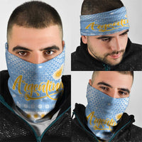 Argentina Christmas Neck Gaiter with Blue-White Snowflake Pattern, Sun Emblem, and Gaucho Santa Riding Horse Motif - Wonder Print Shop