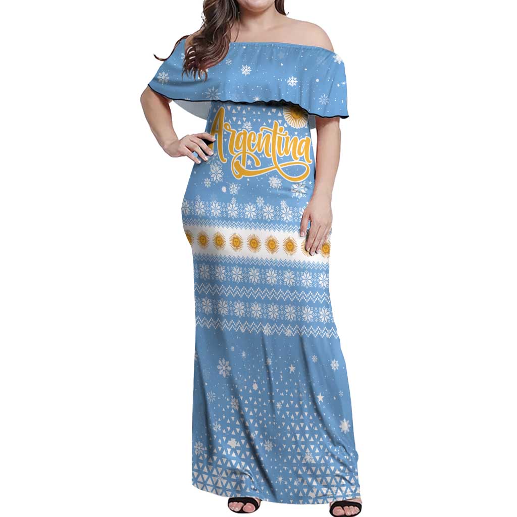Argentina Christmas Off Shoulder Maxi Dress with Blue-White Snowflake Pattern, Sun Emblem, and Gaucho Santa Riding Horse Motif - Wonder Print Shop