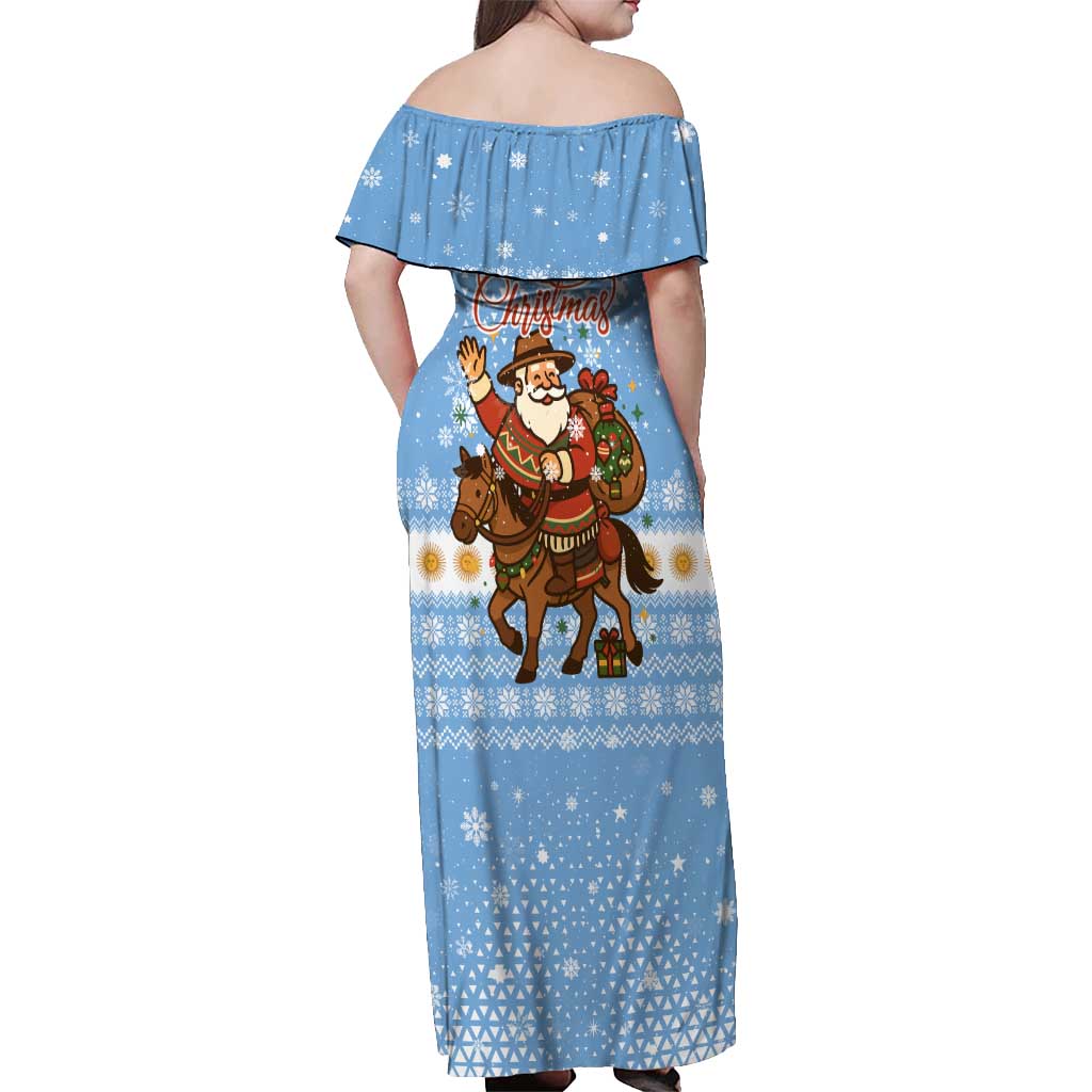 Argentina Christmas Off Shoulder Maxi Dress with Blue-White Snowflake Pattern, Sun Emblem, and Gaucho Santa Riding Horse Motif - Wonder Print Shop
