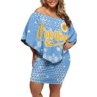 Argentina Christmas Off Shoulder Short Dress with Blue-White Snowflake Pattern, Sun Emblem, and Gaucho Santa Riding Horse Motif - Wonder Print Shop
