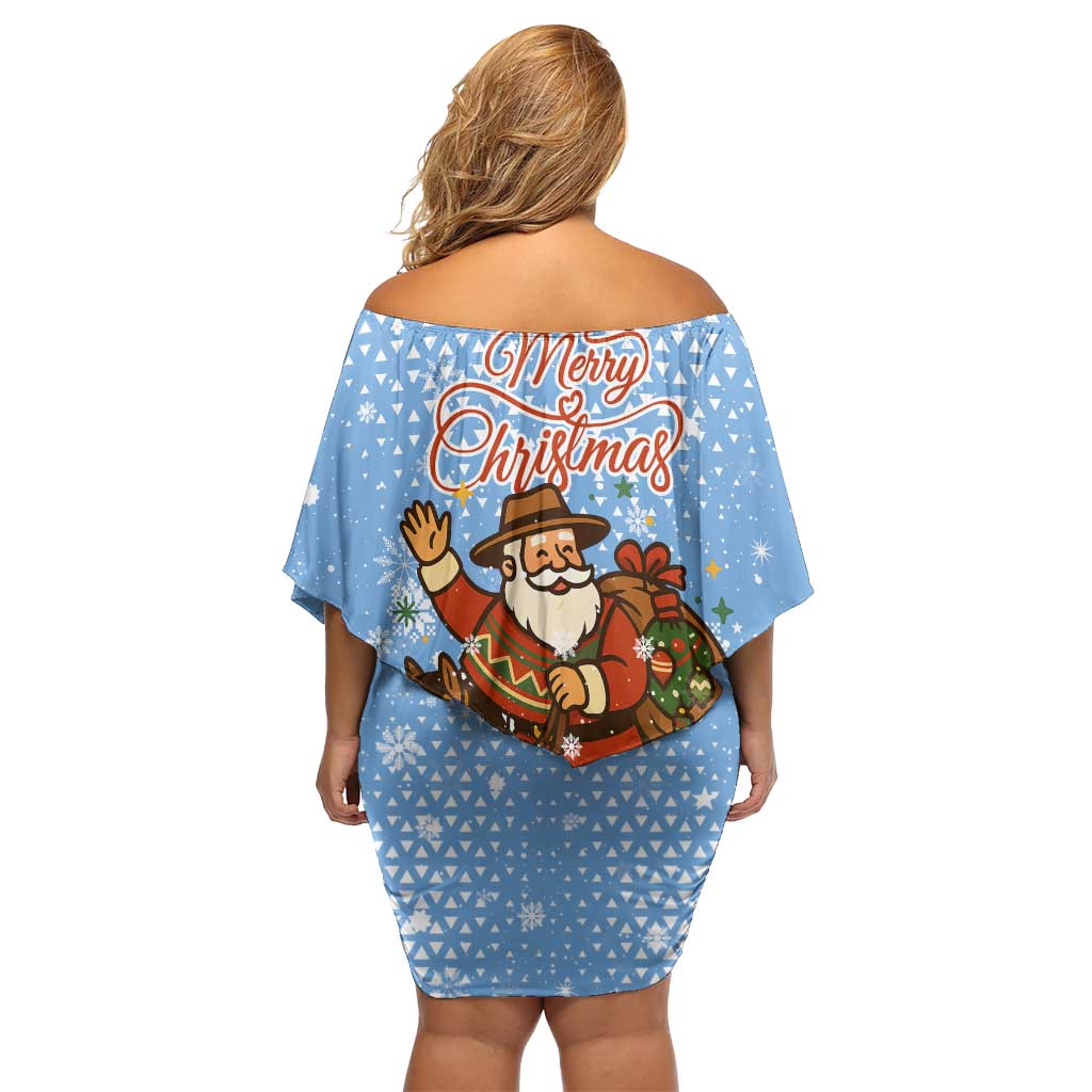 Argentina Christmas Off Shoulder Short Dress with Blue-White Snowflake Pattern, Sun Emblem, and Gaucho Santa Riding Horse Motif - Wonder Print Shop