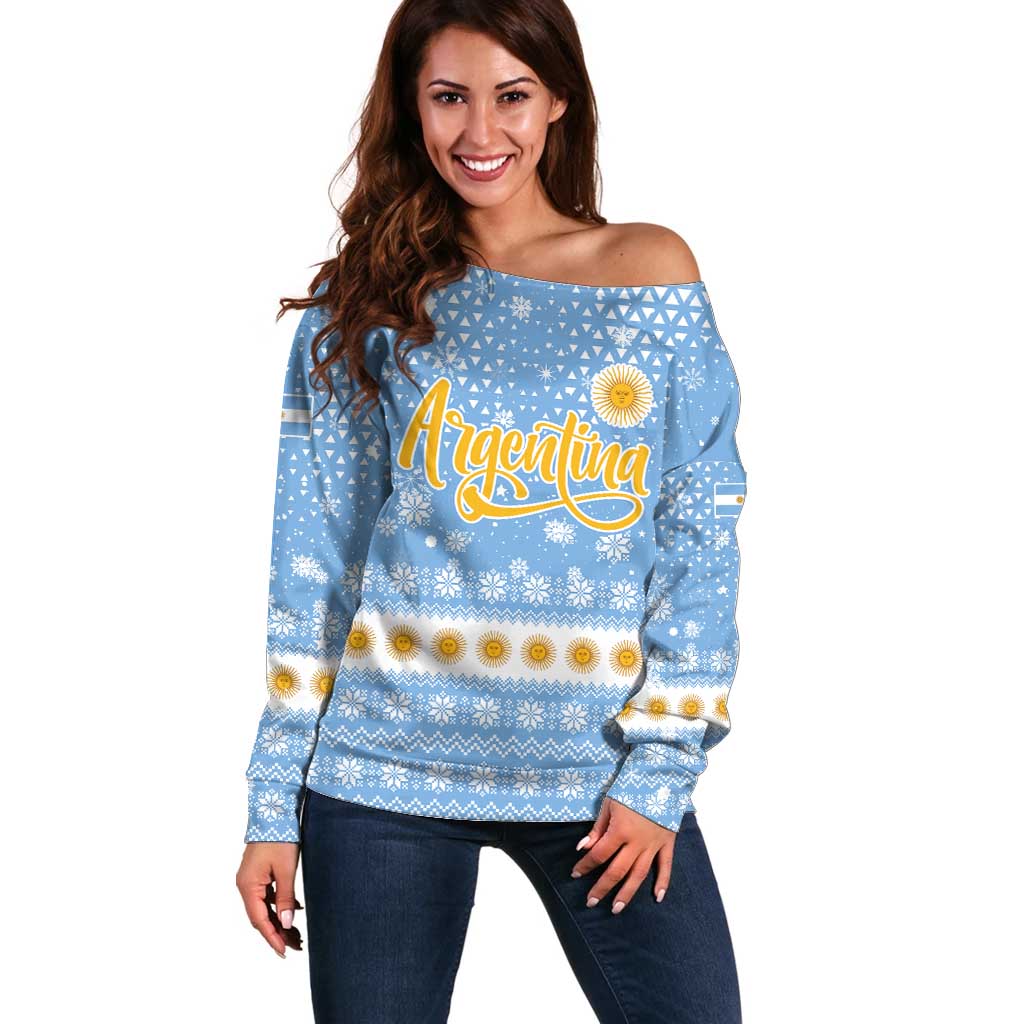 Argentina Christmas Off Shoulder Sweater with Blue-White Snowflake Pattern, Sun Emblem, and Gaucho Santa Riding Horse Motif - Wonder Print Shop