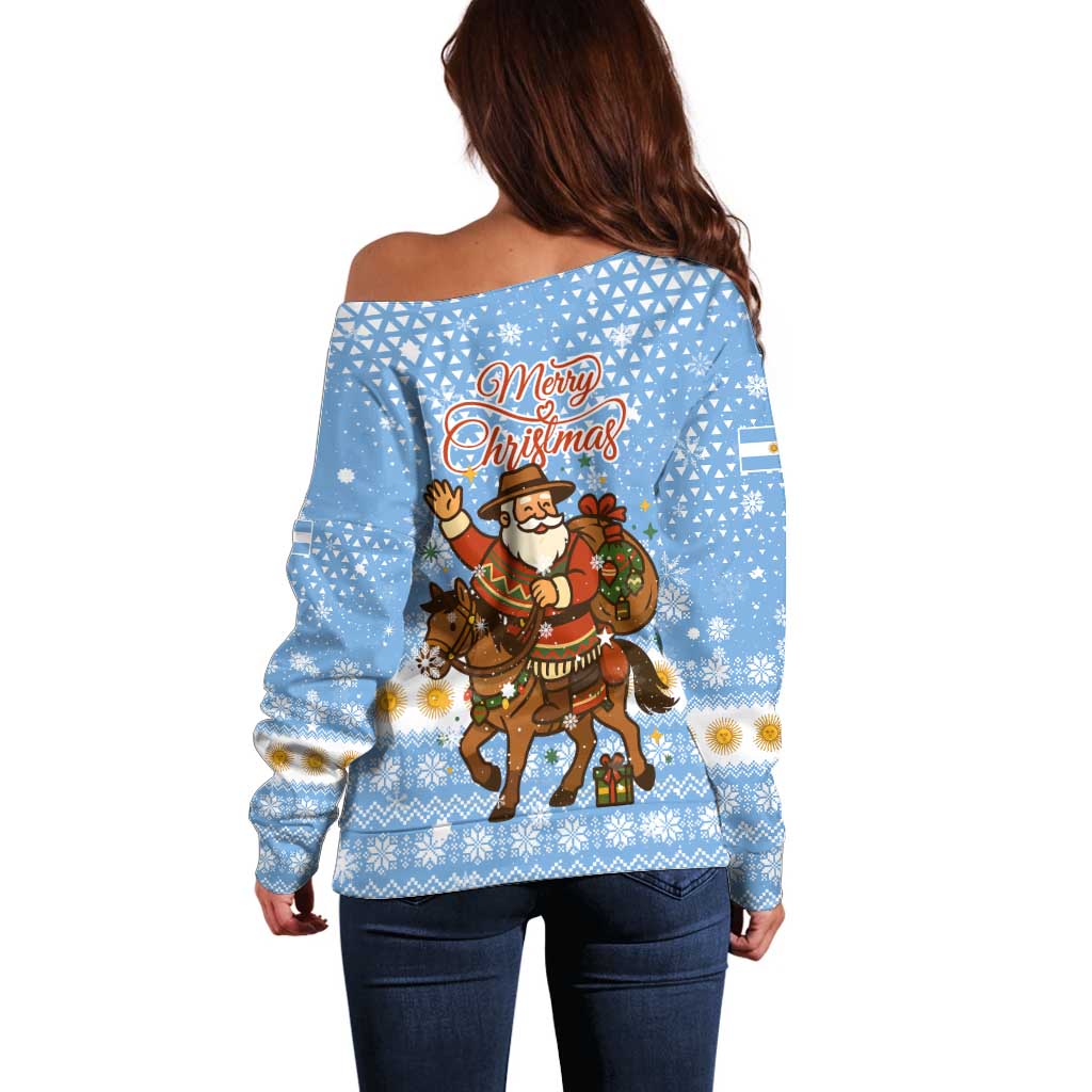 Argentina Christmas Off Shoulder Sweater with Blue-White Snowflake Pattern, Sun Emblem, and Gaucho Santa Riding Horse Motif - Wonder Print Shop