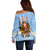 Argentina Christmas Off Shoulder Sweater with Blue-White Snowflake Pattern, Sun Emblem, and Gaucho Santa Riding Horse Motif - Wonder Print Shop