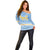 Argentina Christmas Off Shoulder Sweater with Blue-White Snowflake Pattern, Sun Emblem, and Gaucho Santa Riding Horse Motif - Wonder Print Shop