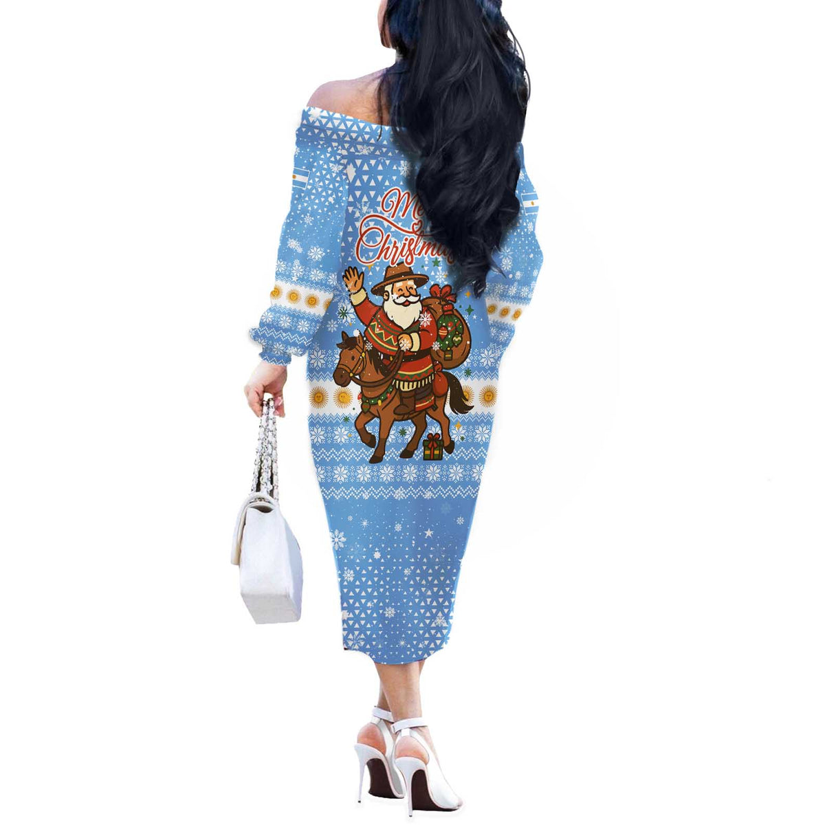 Argentina Christmas Off The Shoulder Long Sleeve Dress with Blue-White Snowflake Pattern, Sun Emblem, and Gaucho Santa Riding Horse Motif - Wonder Print Shop