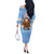 Argentina Christmas Off The Shoulder Long Sleeve Dress with Blue-White Snowflake Pattern, Sun Emblem, and Gaucho Santa Riding Horse Motif - Wonder Print Shop