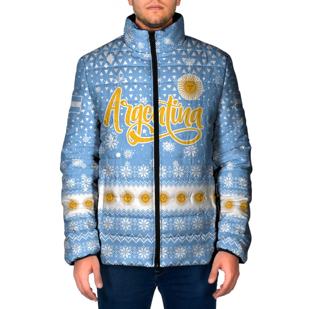 Argentina Christmas Padded Jacket with Blue-White Snowflake Pattern, Sun Emblem, and Gaucho Santa Riding Horse Motif - Wonder Print Shop