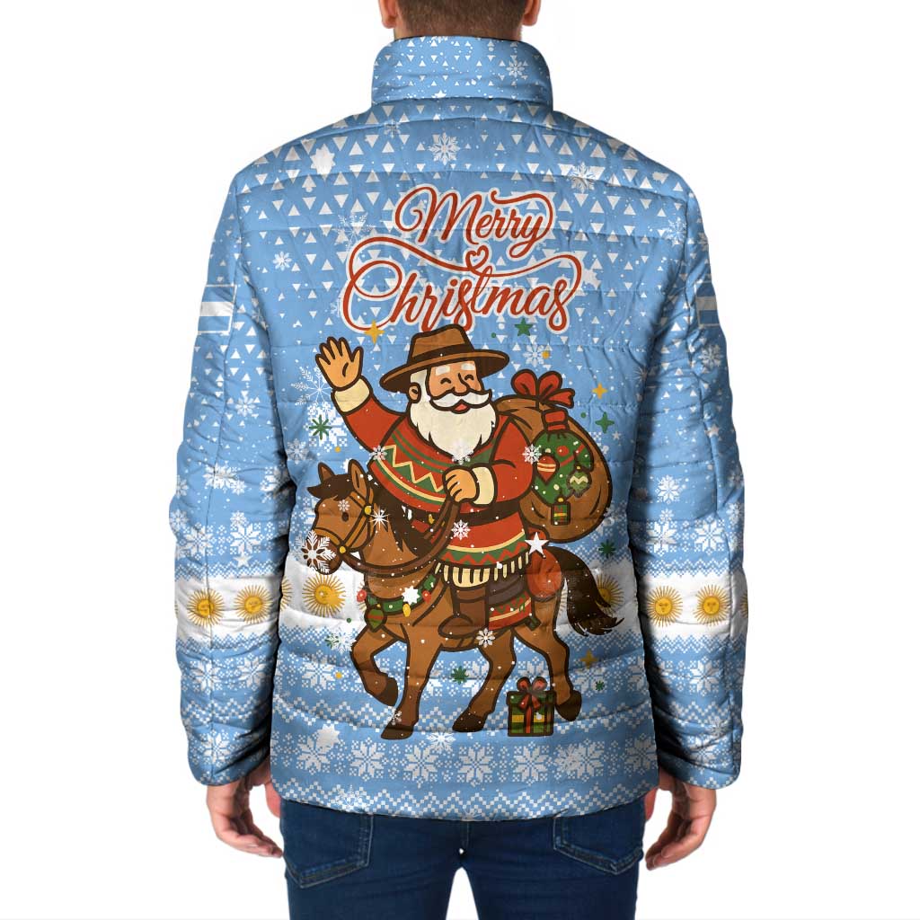 Argentina Christmas Padded Jacket with Blue-White Snowflake Pattern, Sun Emblem, and Gaucho Santa Riding Horse Motif - Wonder Print Shop
