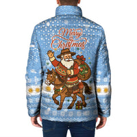 Argentina Christmas Padded Jacket with Blue-White Snowflake Pattern, Sun Emblem, and Gaucho Santa Riding Horse Motif - Wonder Print Shop