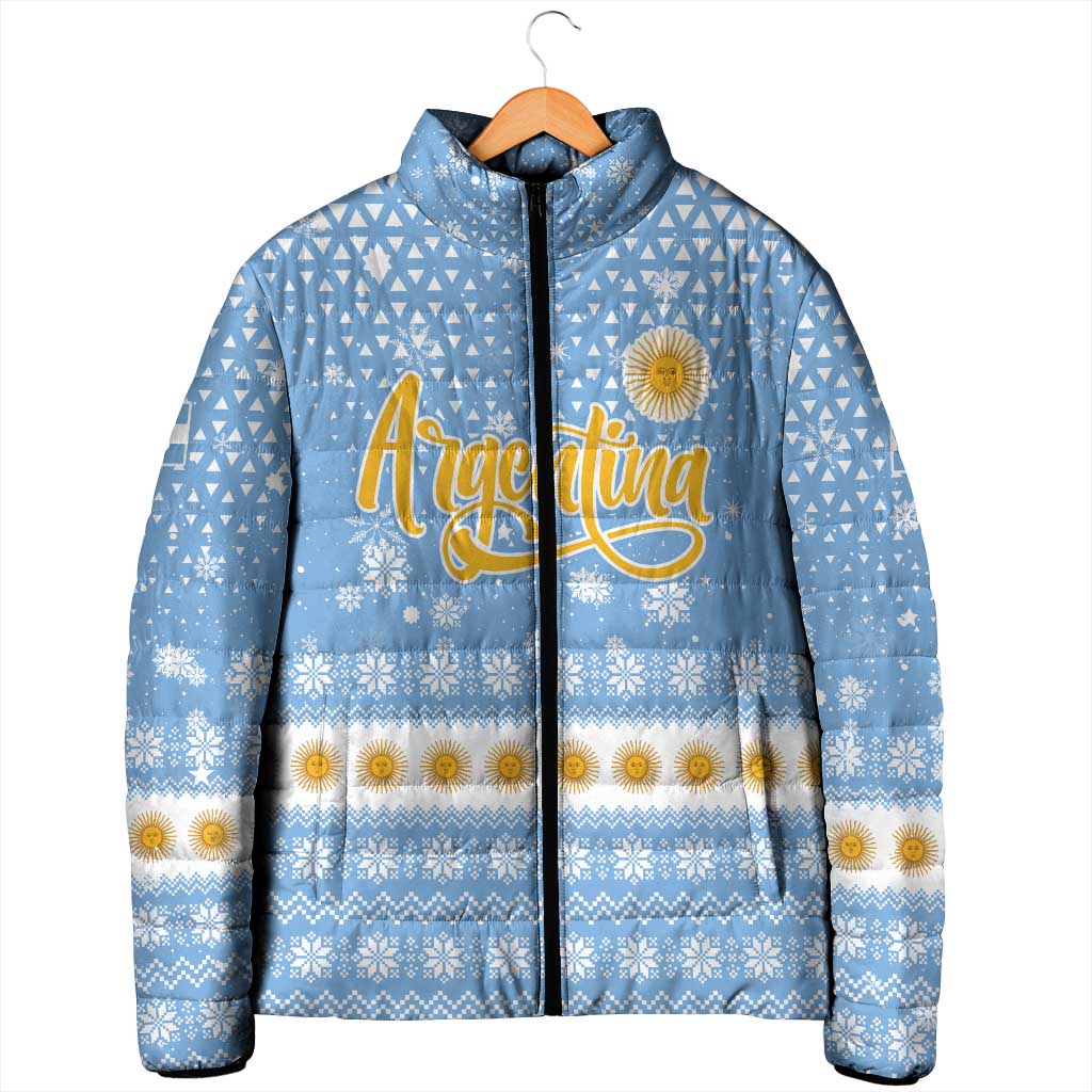 Argentina Christmas Padded Jacket with Blue-White Snowflake Pattern, Sun Emblem, and Gaucho Santa Riding Horse Motif - Wonder Print Shop
