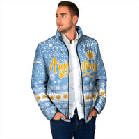 Argentina Christmas Padded Jacket with Blue-White Snowflake Pattern, Sun Emblem, and Gaucho Santa Riding Horse Motif - Wonder Print Shop