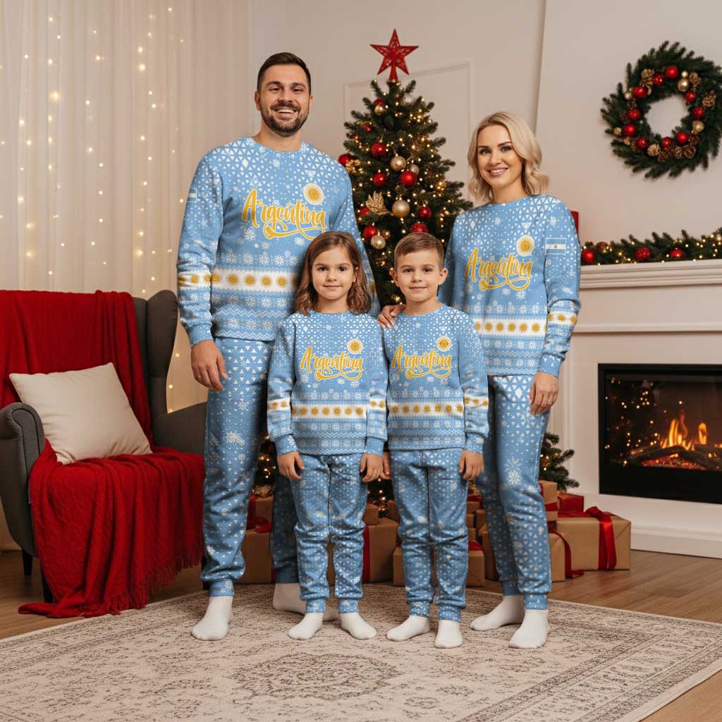 Argentina Christmas Pajama Set with Blue-White Snowflake Pattern, Sun Emblem, and Gaucho Santa Riding Horse Motif - Wonder Print Shop