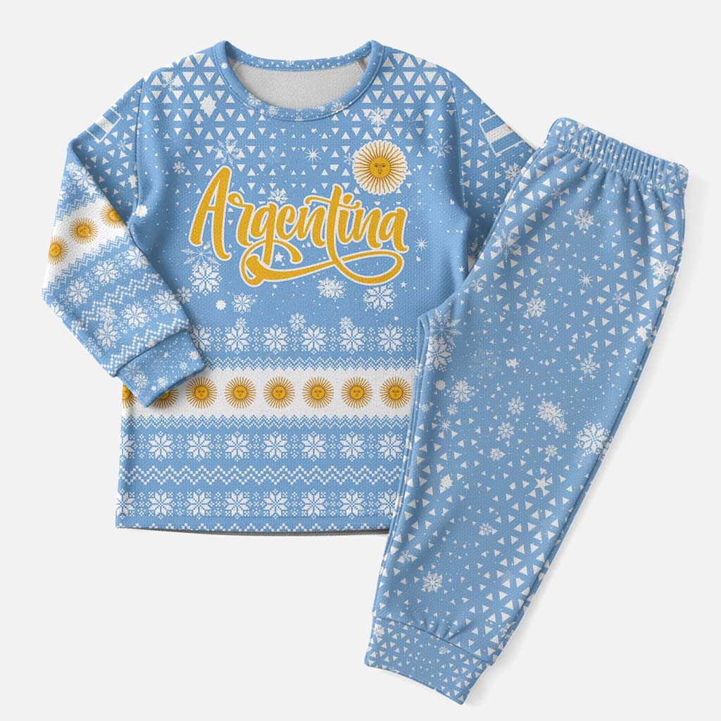Argentina Christmas Pajama Set with Blue-White Snowflake Pattern, Sun Emblem, and Gaucho Santa Riding Horse Motif - Wonder Print Shop