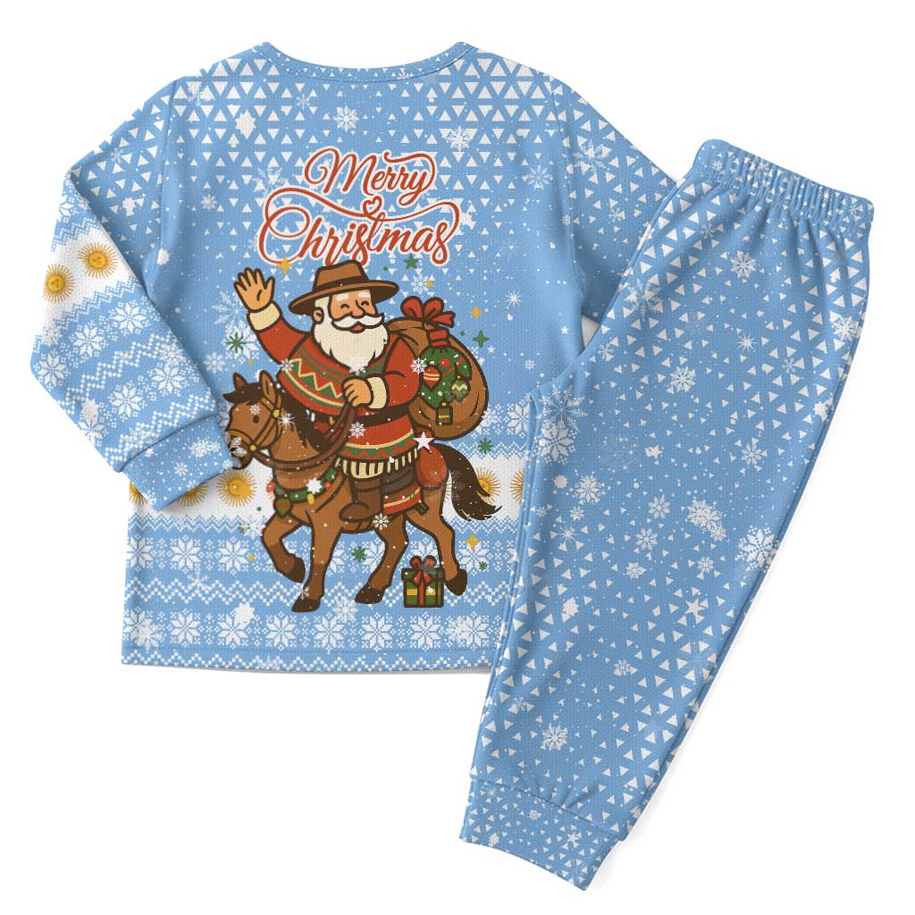 Argentina Christmas Pajama Set with Blue-White Snowflake Pattern, Sun Emblem, and Gaucho Santa Riding Horse Motif - Wonder Print Shop