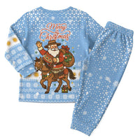 Argentina Christmas Pajama Set with Blue-White Snowflake Pattern, Sun Emblem, and Gaucho Santa Riding Horse Motif - Wonder Print Shop