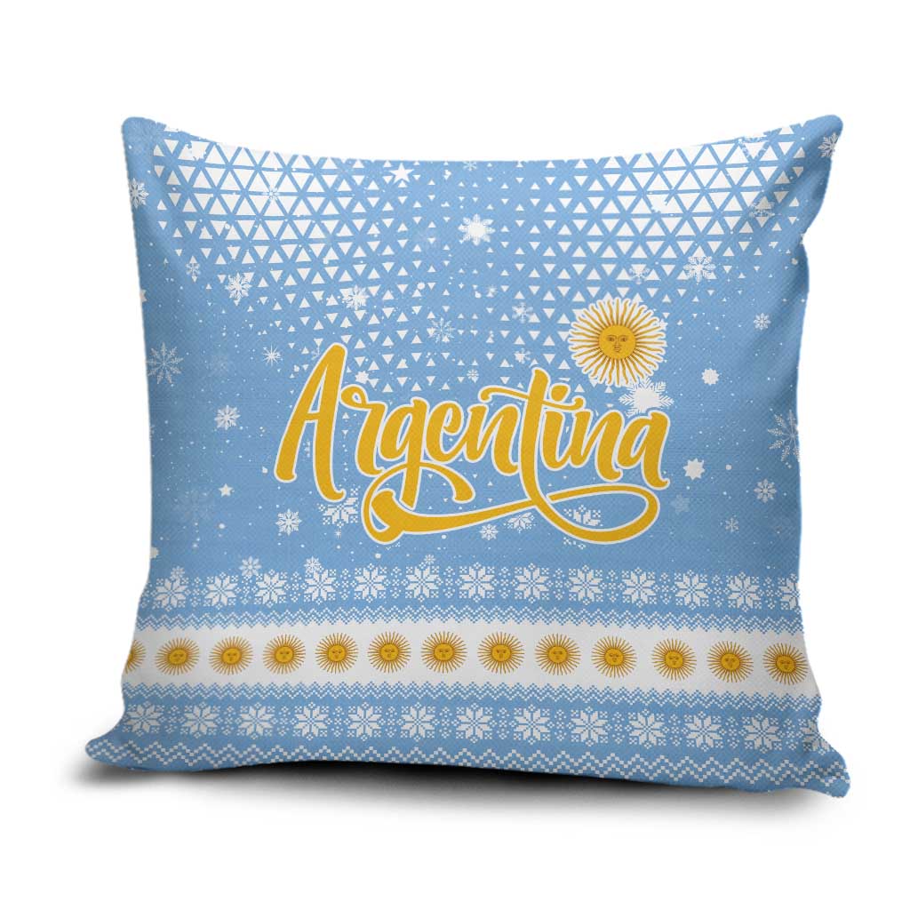 Argentina Christmas Pillow Cover with Blue-White Snowflake Pattern, Sun Emblem, and Gaucho Santa Riding Horse Motif - Wonder Print Shop
