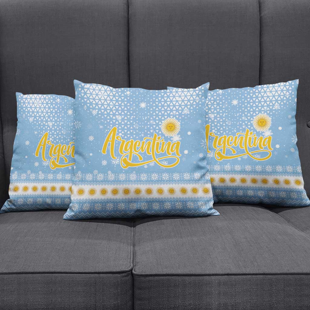 Argentina Christmas Pillow Cover with Blue-White Snowflake Pattern, Sun Emblem, and Gaucho Santa Riding Horse Motif - Wonder Print Shop