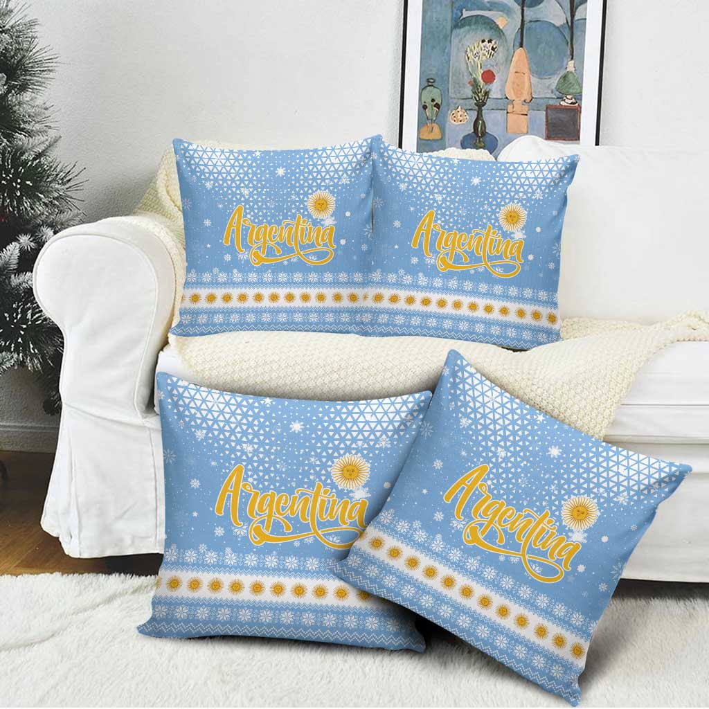 Argentina Christmas Pillow Cover with Blue-White Snowflake Pattern, Sun Emblem, and Gaucho Santa Riding Horse Motif - Wonder Print Shop