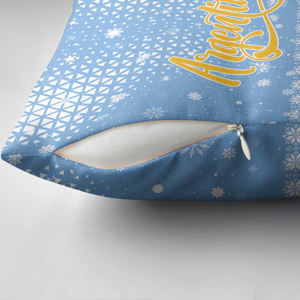 Argentina Christmas Pillow Cover with Blue-White Snowflake Pattern, Sun Emblem, and Gaucho Santa Riding Horse Motif - Wonder Print Shop