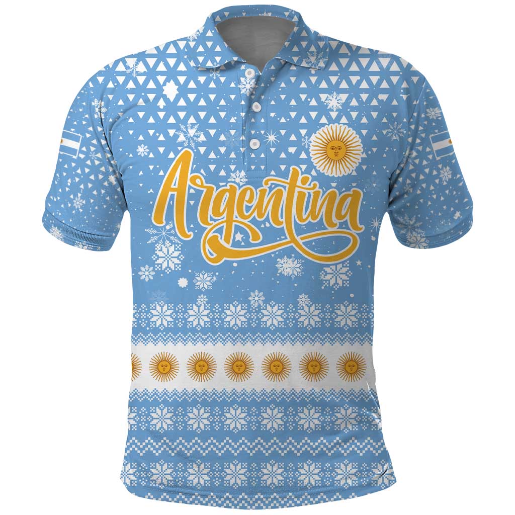 Argentina Christmas Polo Shirt with Blue-White Snowflake Pattern, Sun Emblem, and Gaucho Santa Riding Horse Motif - Wonder Print Shop