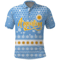 Argentina Christmas Polo Shirt with Blue-White Snowflake Pattern, Sun Emblem, and Gaucho Santa Riding Horse Motif - Wonder Print Shop
