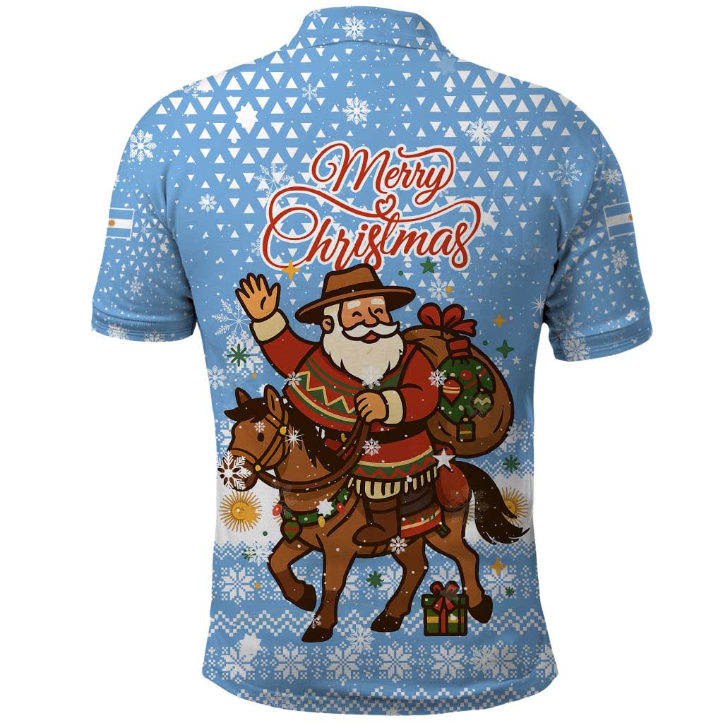 Argentina Christmas Polo Shirt with Blue-White Snowflake Pattern, Sun Emblem, and Gaucho Santa Riding Horse Motif - Wonder Print Shop