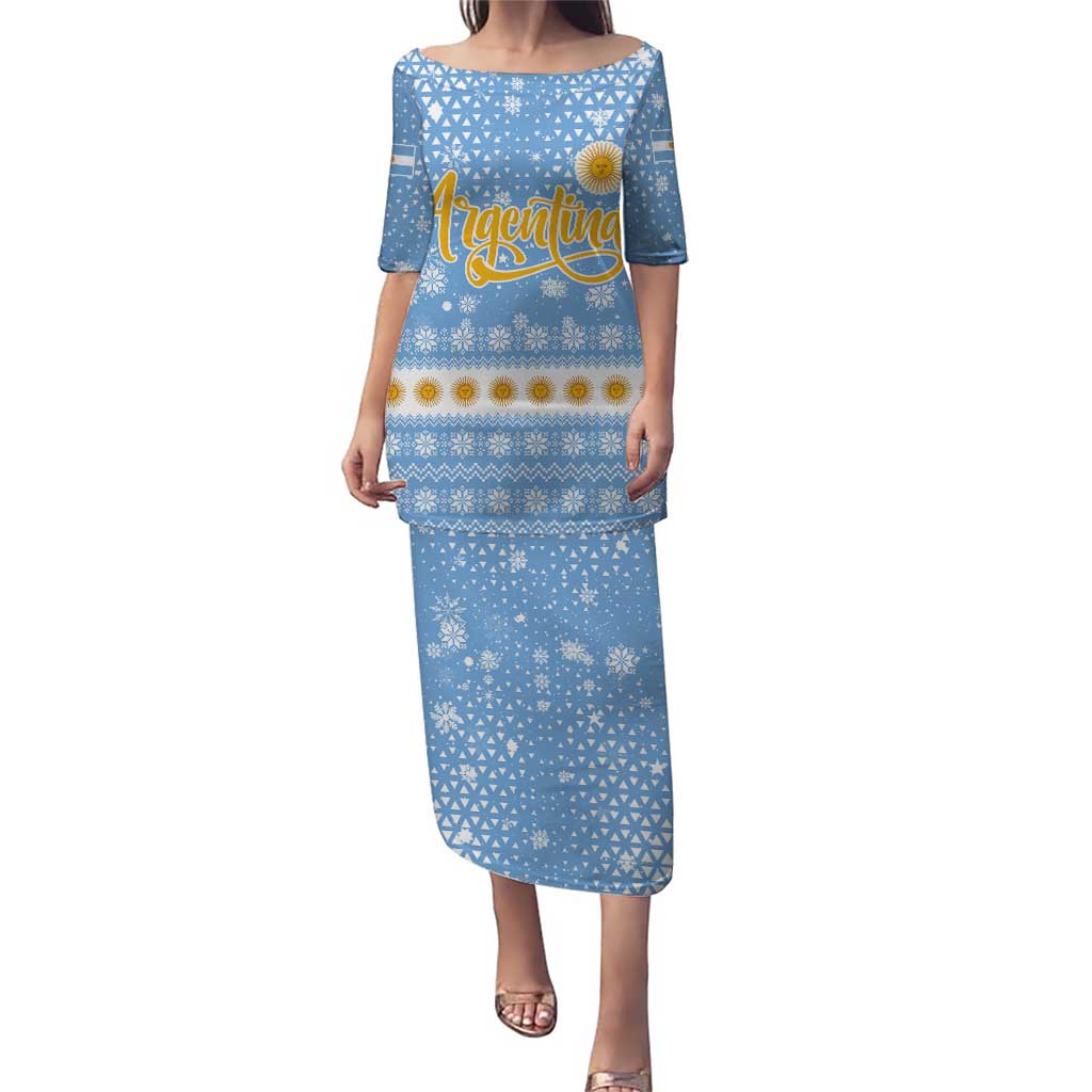 Argentina Christmas Puletasi with Blue-White Snowflake Pattern, Sun Emblem, and Gaucho Santa Riding Horse Motif - Wonder Print Shop