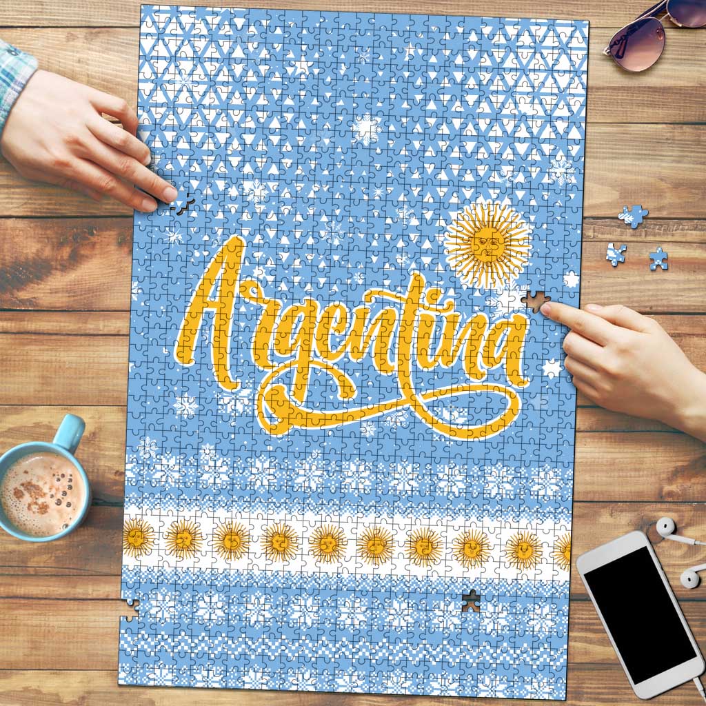 Argentina Christmas Puzzle with Blue-White Snowflake Pattern, Sun Emblem, and Gaucho Santa Riding Horse Motif - Wonder Print Shop