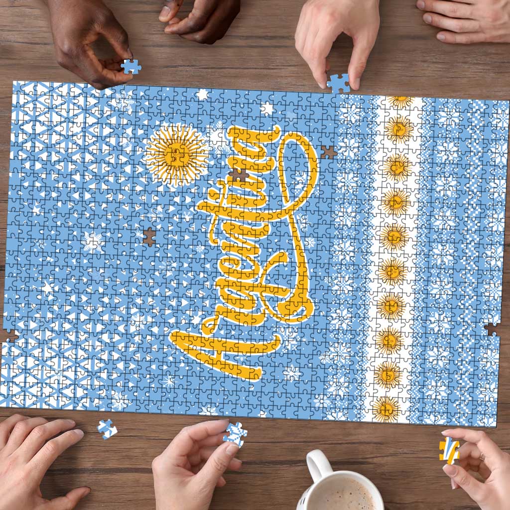 Argentina Christmas Puzzle with Blue-White Snowflake Pattern, Sun Emblem, and Gaucho Santa Riding Horse Motif - Wonder Print Shop