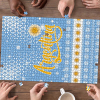 Argentina Christmas Puzzle with Blue-White Snowflake Pattern, Sun Emblem, and Gaucho Santa Riding Horse Motif - Wonder Print Shop
