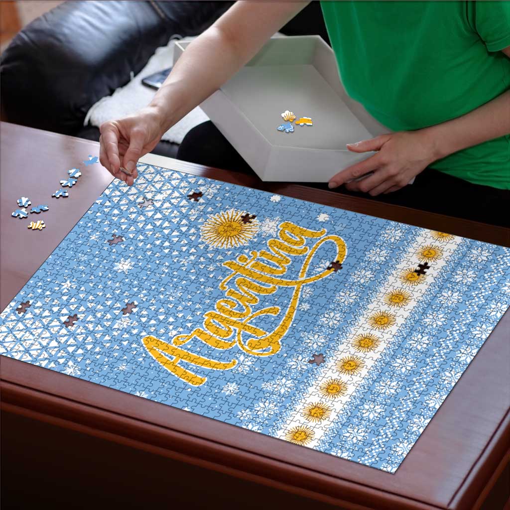 Argentina Christmas Puzzle with Blue-White Snowflake Pattern, Sun Emblem, and Gaucho Santa Riding Horse Motif - Wonder Print Shop