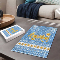 Argentina Christmas Puzzle with Blue-White Snowflake Pattern, Sun Emblem, and Gaucho Santa Riding Horse Motif - Wonder Print Shop