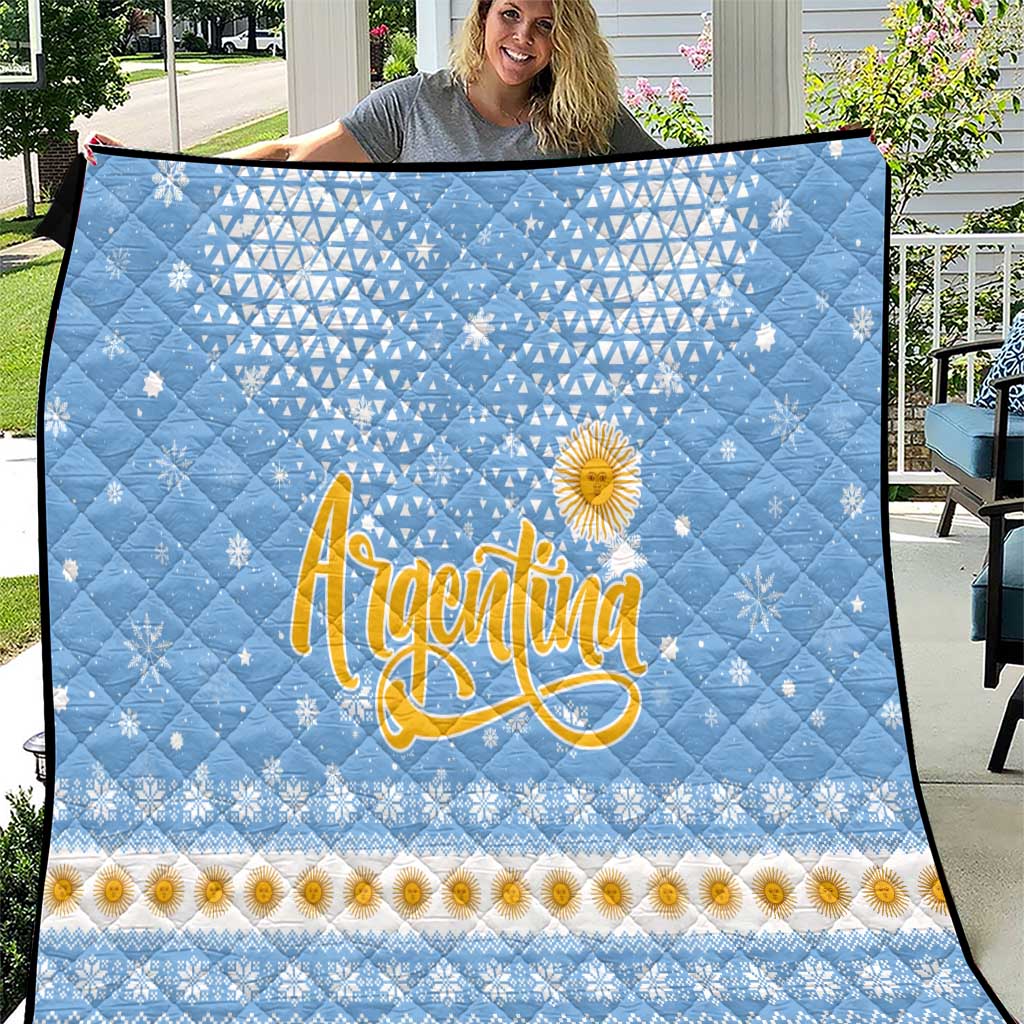 Argentina Christmas Quilt with Blue-White Snowflake Pattern, Sun Emblem, and Gaucho Santa Riding Horse Motif - Wonder Print Shop