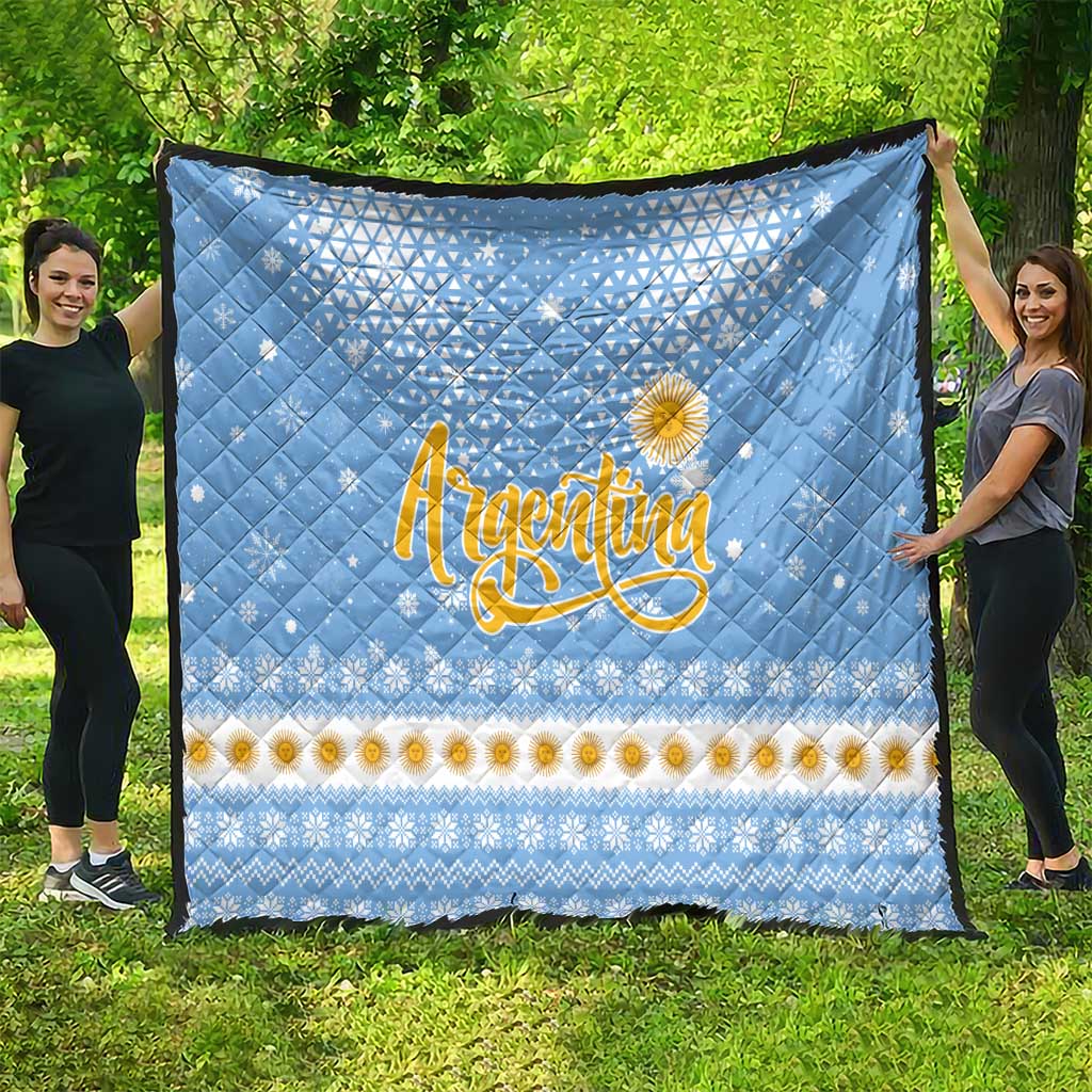 Argentina Christmas Quilt with Blue-White Snowflake Pattern, Sun Emblem, and Gaucho Santa Riding Horse Motif - Wonder Print Shop