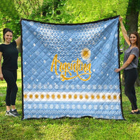 Argentina Christmas Quilt with Blue-White Snowflake Pattern, Sun Emblem, and Gaucho Santa Riding Horse Motif - Wonder Print Shop