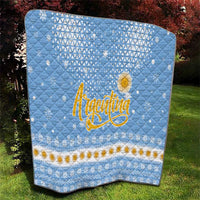 Argentina Christmas Quilt with Blue-White Snowflake Pattern, Sun Emblem, and Gaucho Santa Riding Horse Motif - Wonder Print Shop