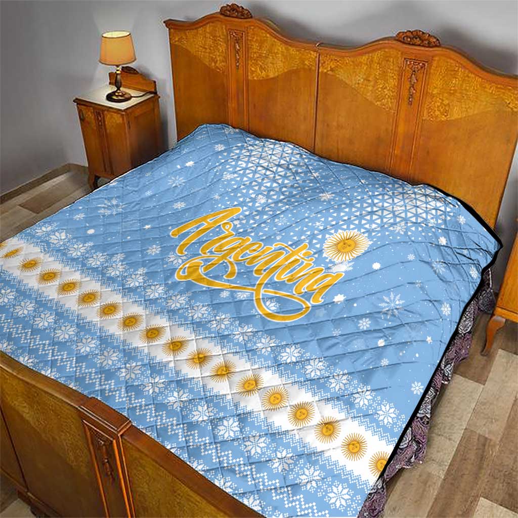 Argentina Christmas Quilt with Blue-White Snowflake Pattern, Sun Emblem, and Gaucho Santa Riding Horse Motif - Wonder Print Shop