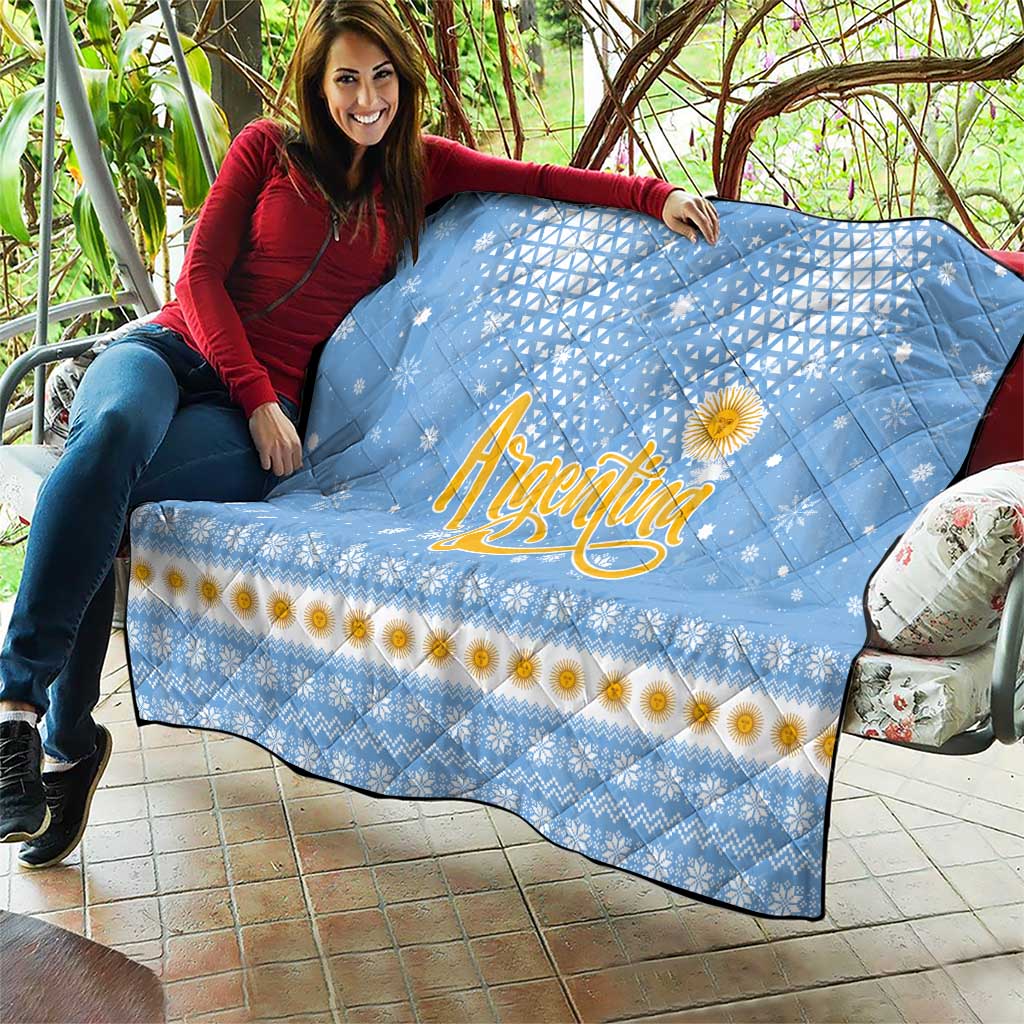 Argentina Christmas Quilt with Blue-White Snowflake Pattern, Sun Emblem, and Gaucho Santa Riding Horse Motif - Wonder Print Shop