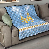Argentina Christmas Quilt with Blue-White Snowflake Pattern, Sun Emblem, and Gaucho Santa Riding Horse Motif - Wonder Print Shop