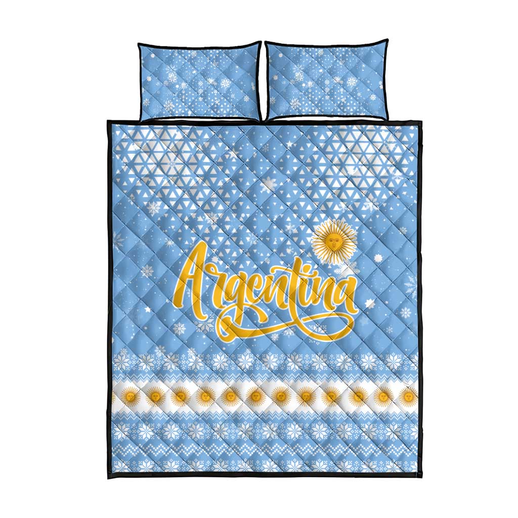 Argentina Christmas Quilt Bed Set with Blue-White Snowflake Pattern, Sun Emblem, and Gaucho Santa Riding Horse Motif - Wonder Print Shop