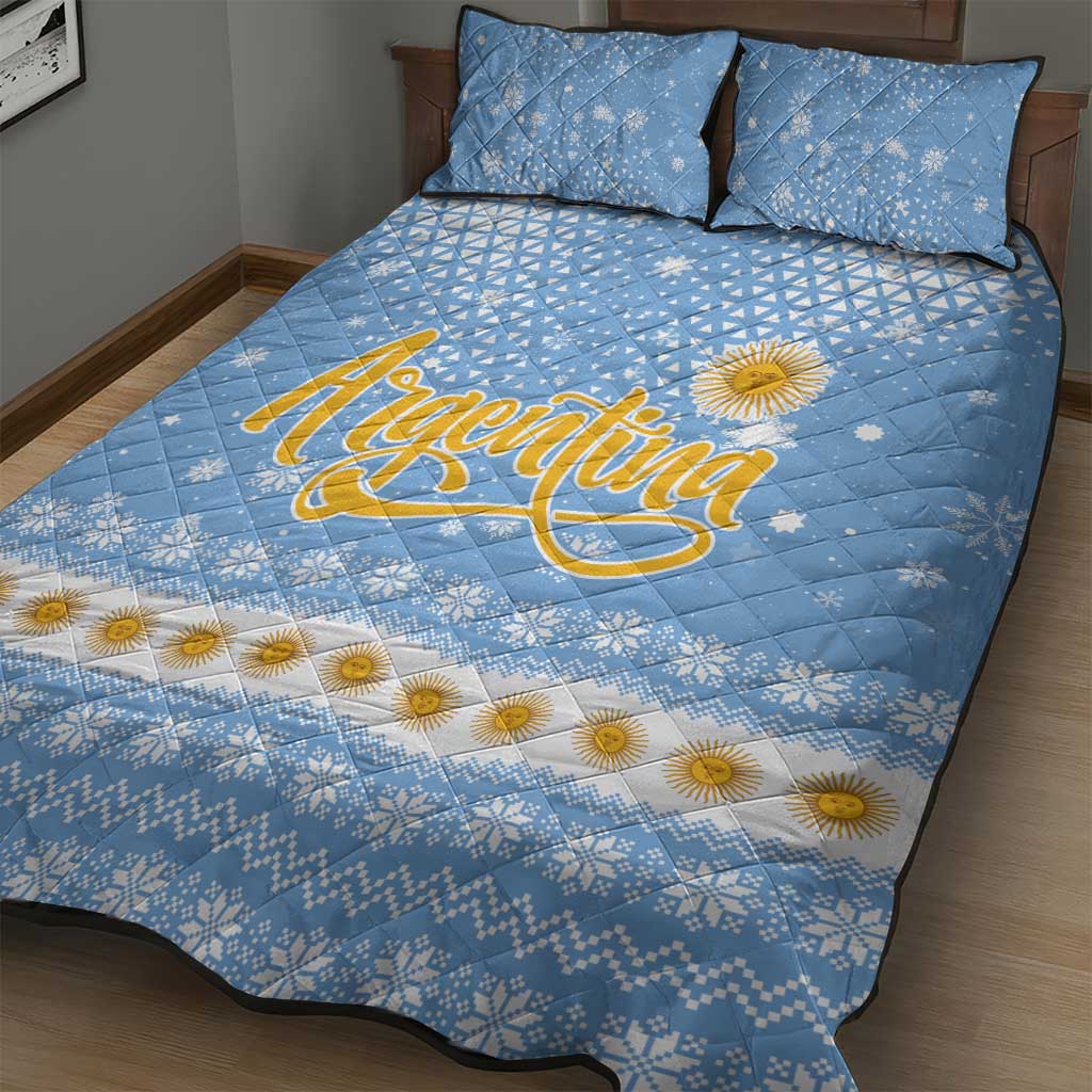 Argentina Christmas Quilt Bed Set with Blue-White Snowflake Pattern, Sun Emblem, and Gaucho Santa Riding Horse Motif - Wonder Print Shop