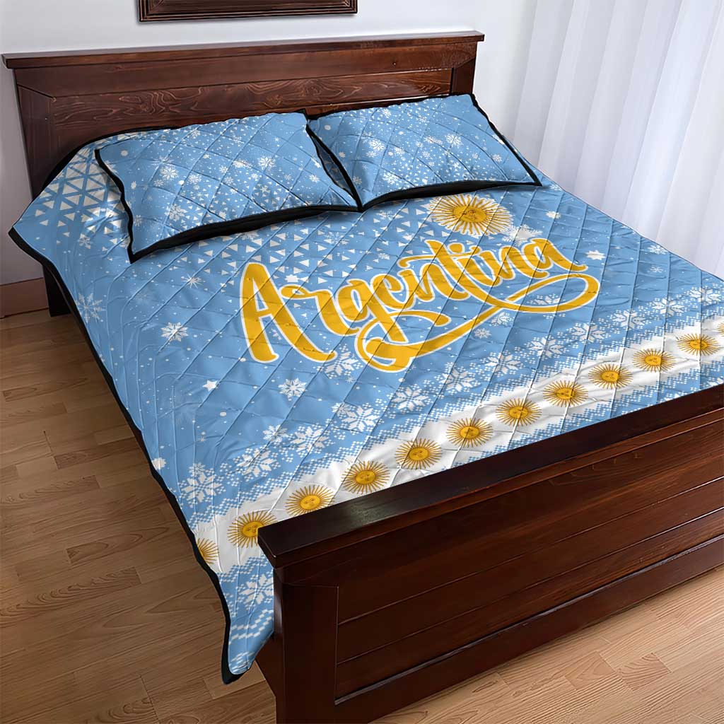Argentina Christmas Quilt Bed Set with Blue-White Snowflake Pattern, Sun Emblem, and Gaucho Santa Riding Horse Motif - Wonder Print Shop