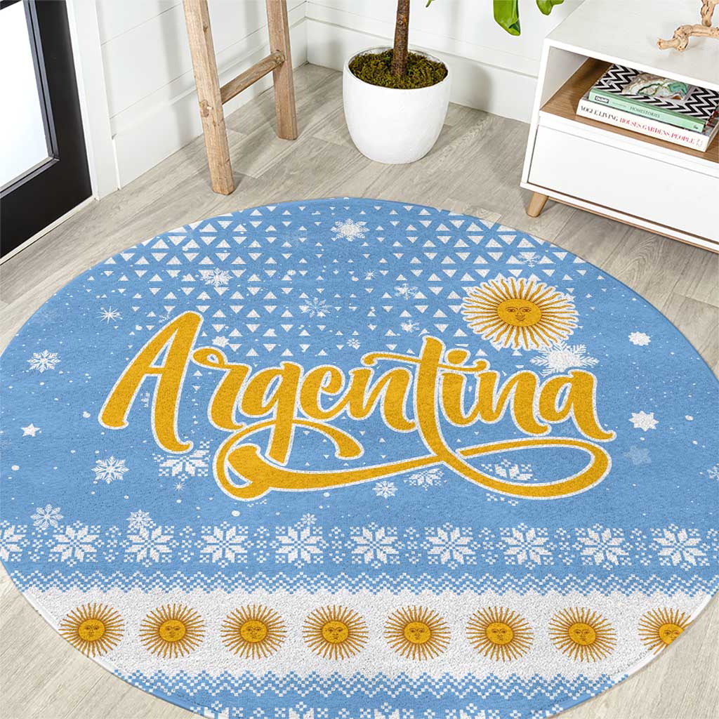 Argentina Christmas Round Carpet with Blue-White Snowflake Pattern, Sun Emblem, and Gaucho Santa Riding Horse Motif - Wonder Print Shop
