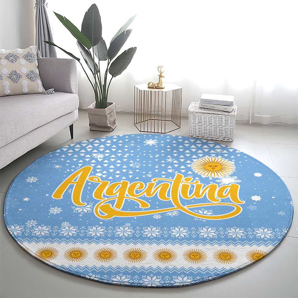 Argentina Christmas Round Carpet with Blue-White Snowflake Pattern, Sun Emblem, and Gaucho Santa Riding Horse Motif - Wonder Print Shop
