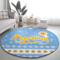 Argentina Christmas Round Carpet with Blue-White Snowflake Pattern, Sun Emblem, and Gaucho Santa Riding Horse Motif - Wonder Print Shop