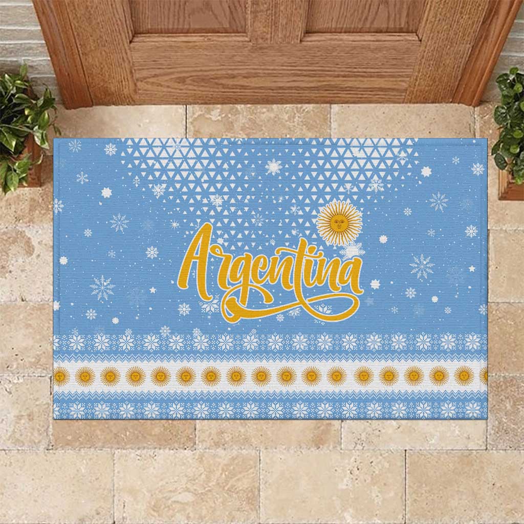 Argentina Christmas Rubber Doormat with Blue-White Snowflake Pattern, Sun Emblem, and Gaucho Santa Riding Horse Motif - Wonder Print Shop